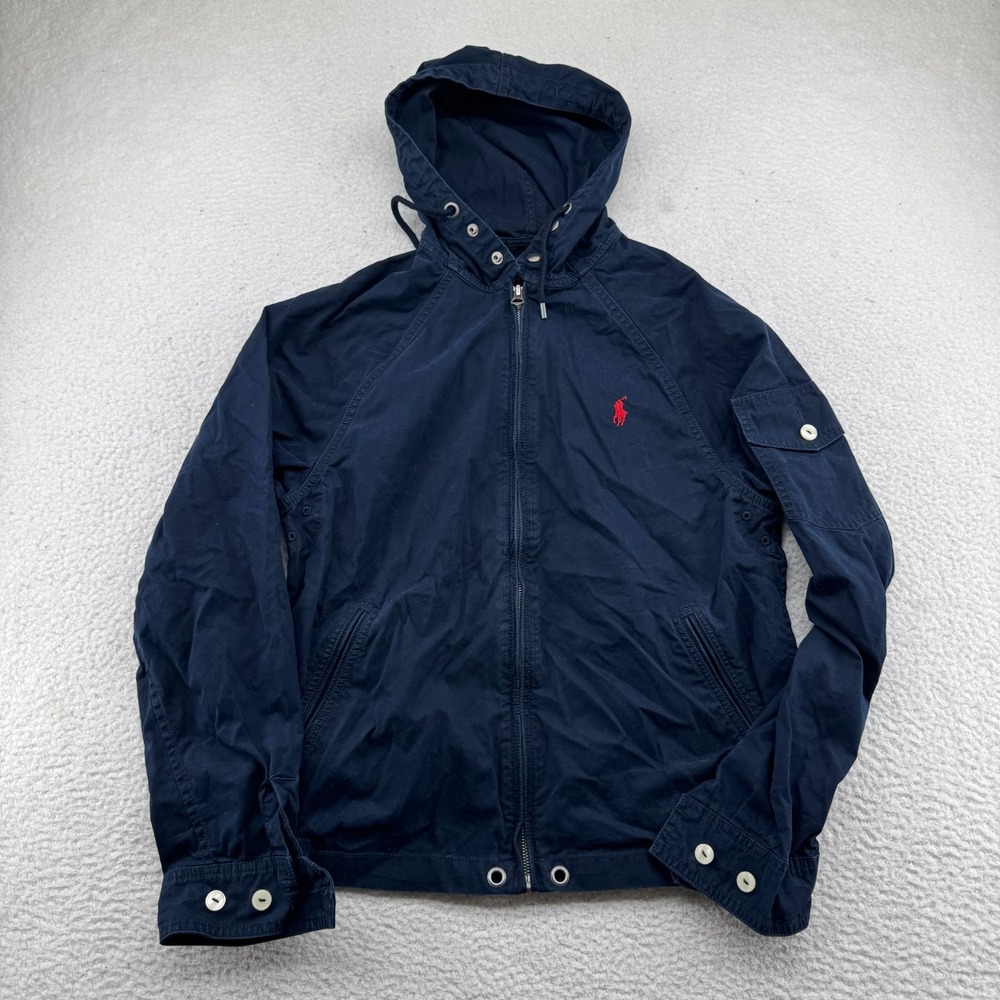 Polo Ralph Lauren Windbreaker Jacket Mens Small Navy Blue Hooded Full Zip Pony